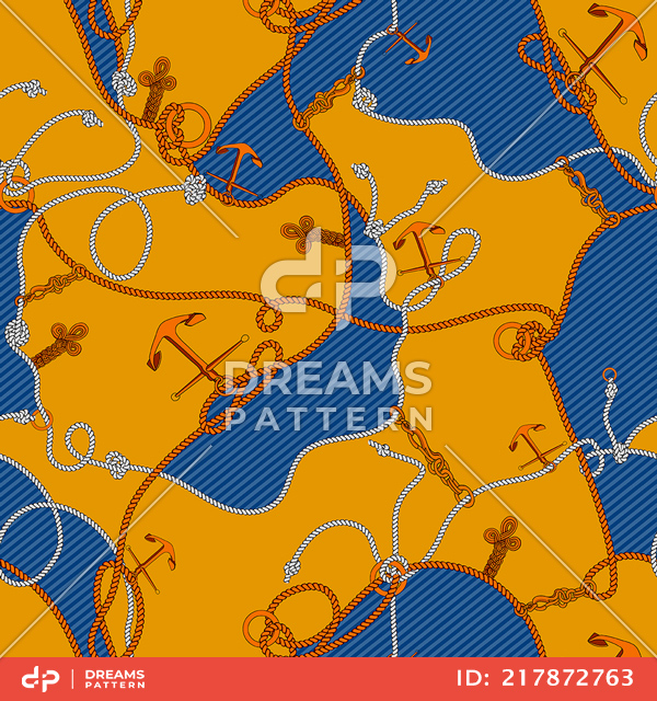 Seamless Marine Pattern with Golden Sea Anchors and Colored Ropes.