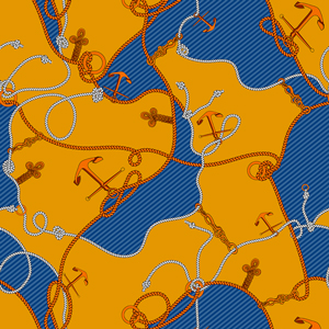 Seamless Marine Pattern with Golden Sea Anchors and Colored Ropes.