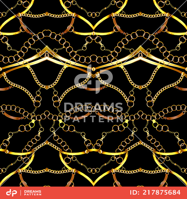 Trendy Luxury, Seamless Pattern of Golden Chains and Belts on Black Background.