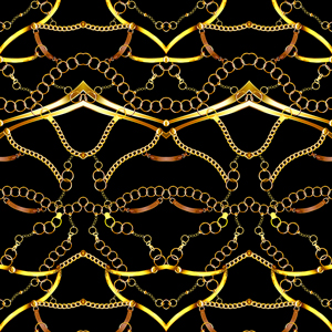 Trendy Luxury, Seamless Pattern of Golden Chains and Belts on Black Background.