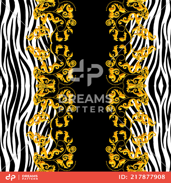 Seamless Golden Baroque Luxury Design with Zebra Skin, Ready for Textile Prints.