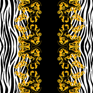 Seamless Golden Baroque Luxury Design with Zebra Skin, Ready for Textile Prints.