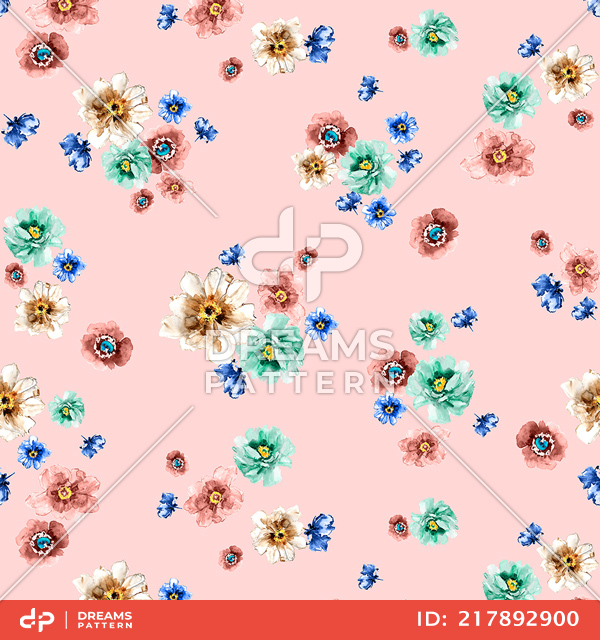 Beautiful Watercolor Flowers, Seamless Pattern Designed on Lightpink Background.