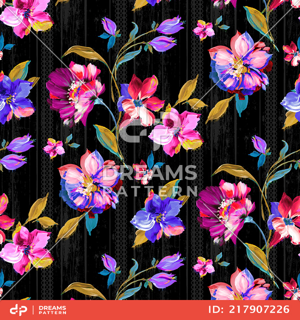 Seamless Watercolor Floral Design on Black Background Ready for Textile Prints.