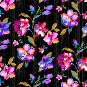 Seamless Watercolor Floral Design on Black Background Ready for Textile Prints.