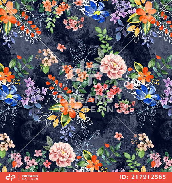 Seamless Colorful Small Flowers with Leaves. Modern Watercolor Floral Design on Darkblue.