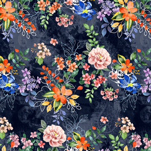 Seamless Colorful Small Flowers with Leaves. Modern Watercolor Floral Design on Darkblue.