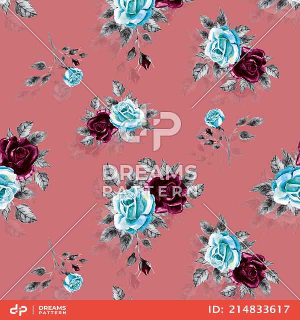 Beautiful Seamless Design of Big Watercolor Roses on Dark Pink Background.