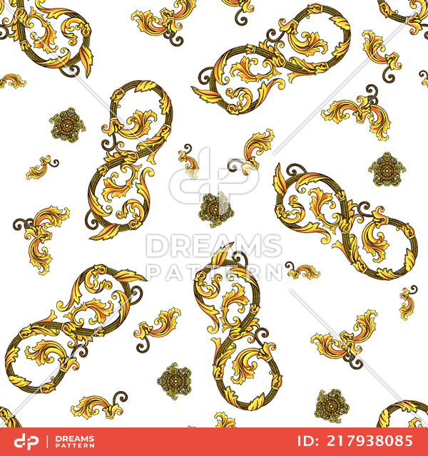 Decorative Gold Baroque Ornament Seamless Pattern on White Background.