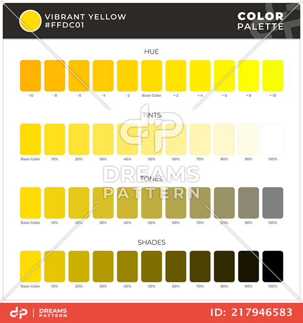 Vibrant Yellow / Color Palette Ready for Textile. Hue, Tints, Tones and Shades Guide.