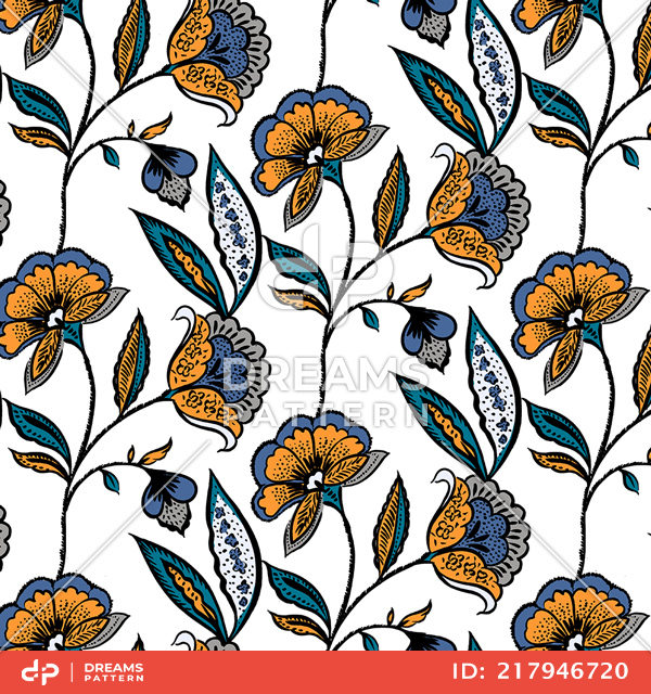 Seamless Hand Drawn Floral Pattern, Illustration Flowers on White Background.