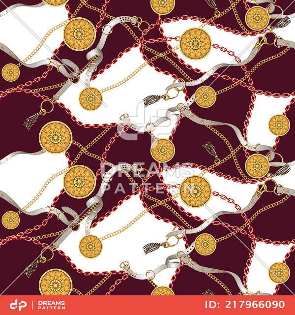 Trendy Seamless Pattern with Golden Chains and Belts on Darkred and White Background.