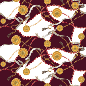 Trendy Seamless Pattern with Golden Chains and Belts on Darkred and White Background.