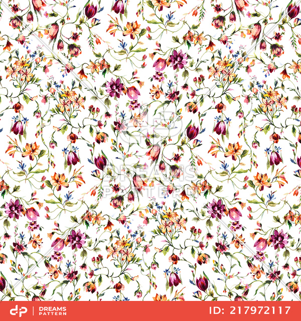 Seamless Watercolor Floral Pattern on White Background, Ready for Textile Prints.