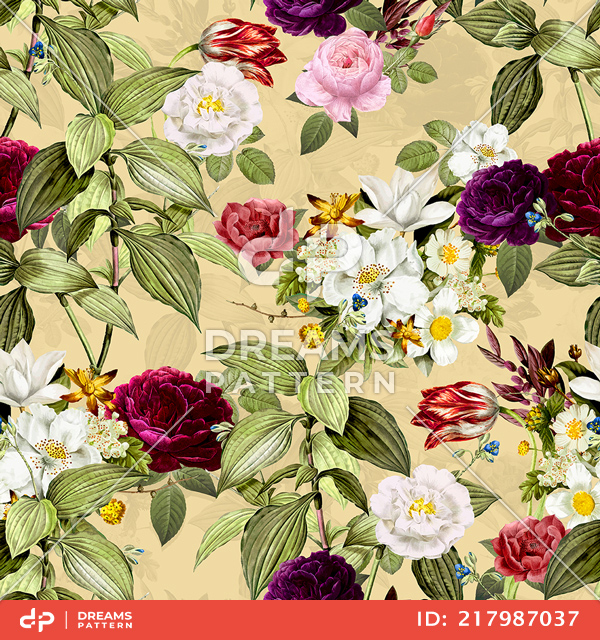 Seamless Elegance Pattern with Vintage Garden Flowers on Yellow Background.