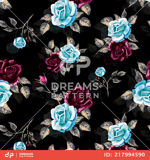 Beautiful Seamless Design of Big Watercolor Roses on Black Background.