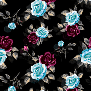 Beautiful Seamless Design of Big Watercolor Roses on Black Background.