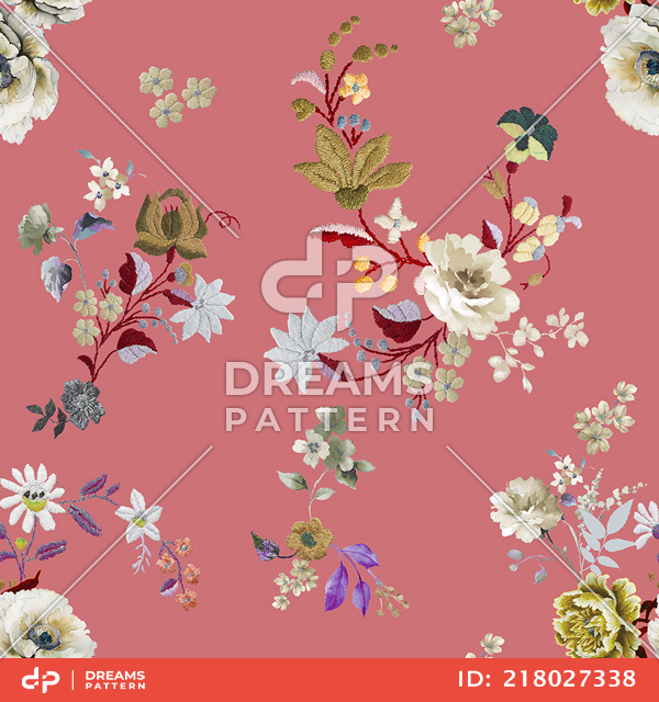 Seamless Embroidery Floral Design on Colored Background, Flowers Pattern Ready for Textile Prints.