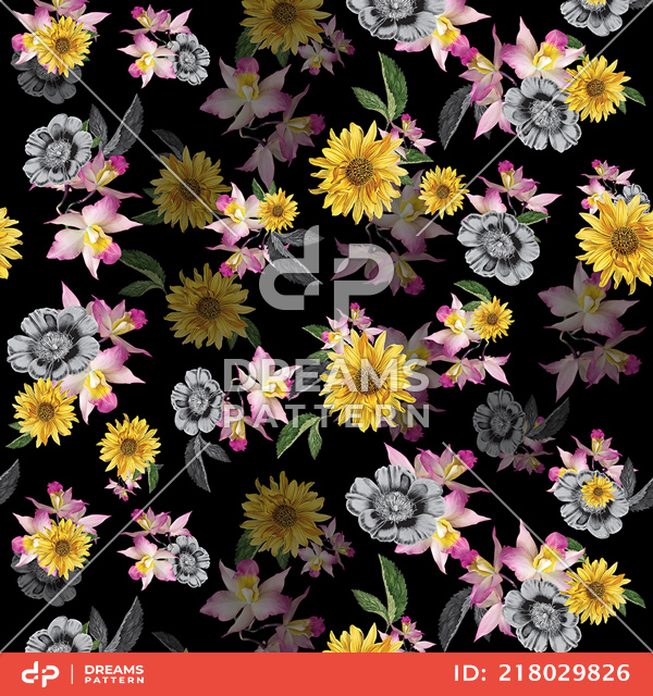 Colored Flowers with Leaves on Black Background Ready for Textile.