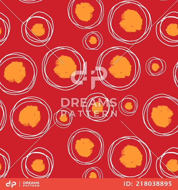 Seamless Pattern of Hand Drawn Circles with Paint Spots on Red Background.