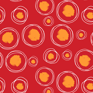 Seamless Pattern of Hand Drawn Circles with Paint Spots on Red Background.
