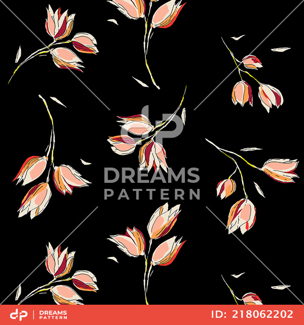 Seamless Hand Drawn Flowers Sketched Outline Style Pattern on Black Background.