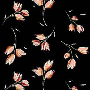 Seamless Hand Drawn Flowers Sketched Outline Style Pattern on Black Background.