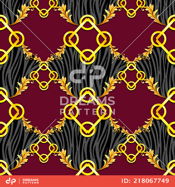 Seamless Golden Baroque with Zebra Pattern on Red Background. Ready for Textile Prints.