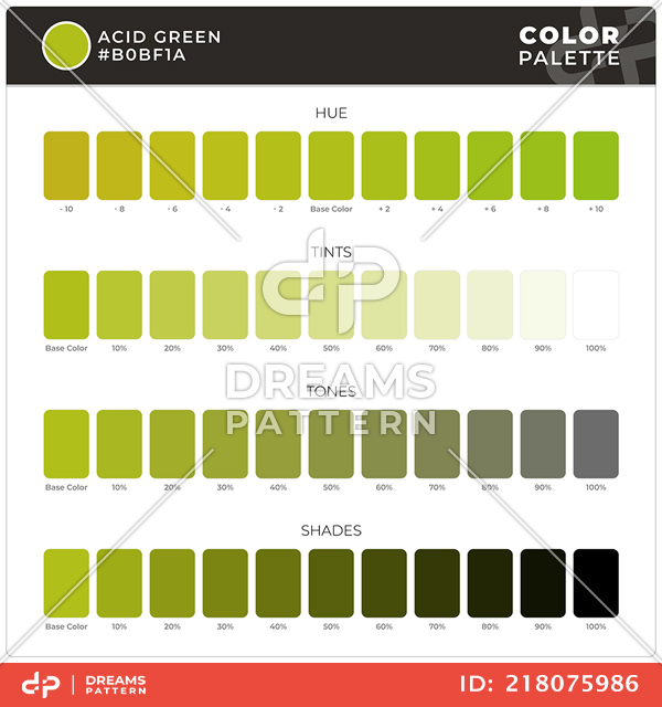 Acid green / Color Palette Ready for Textile. Hue, Tints, Tones and Shades Guide.