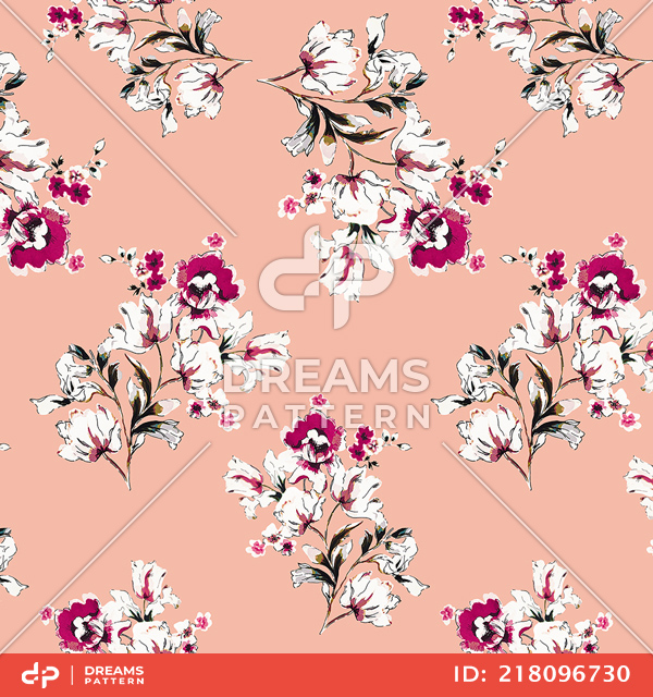 Seamless Hand Drawn Flowers with Leaves On Peach Color, Designed for Fabric Textile.