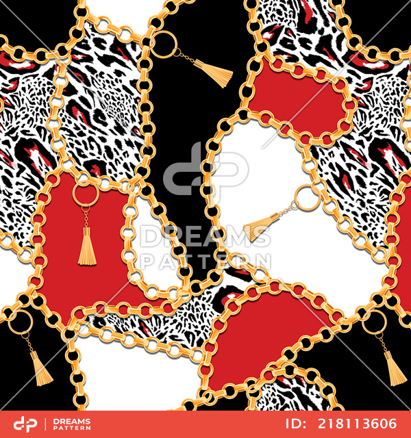 Seamless Golden Chains Pattern with Leopard Print. Ready for Textile Print.