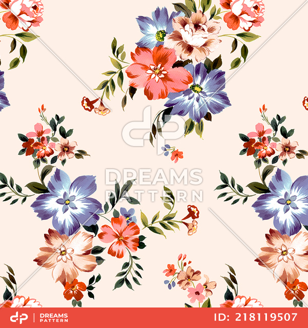 Seamless Colored Flowers, Repeat Retro Style Floral, Vintage Pattern for Textile.