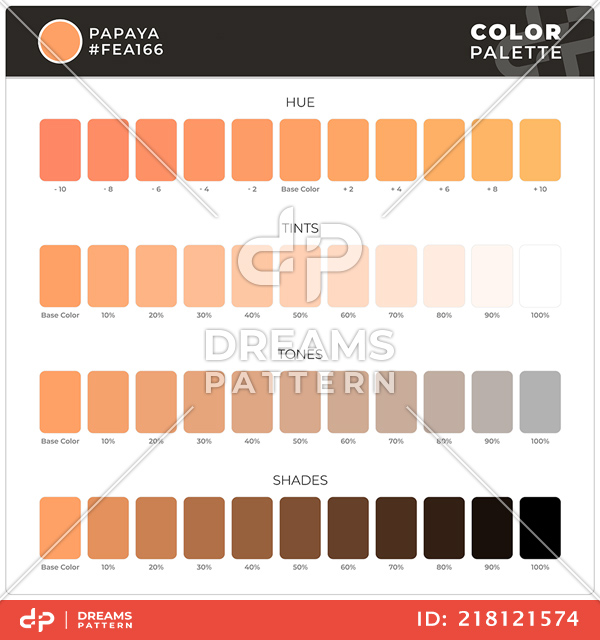 Papaya / Color Palette Ready for Textile. Hue, Tints, Tones and Shades Guide.