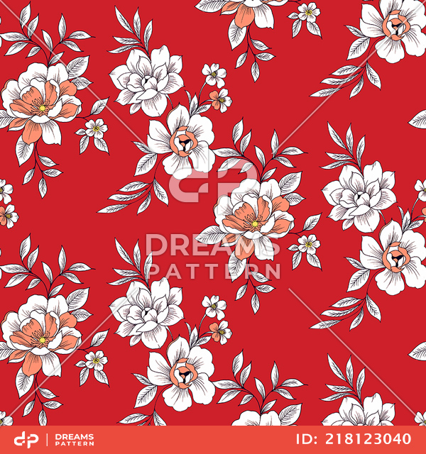 Seamless Hand Drawn Floral Pattern, Vintage Flowers on Red Background.