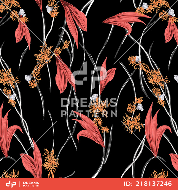 Modern Design for Fashion, Seamlees Hand Drawn Flowers with Leaves on Black Background.