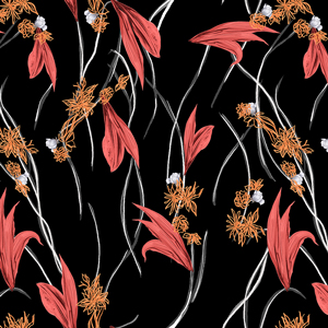 Modern Design for Fashion, Seamlees Hand Drawn Flowers with Leaves on Black Background.