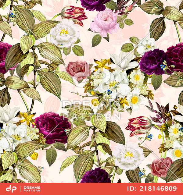 Seamless Elegance Pattern with Vintage Garden Flowers on Light Pink Background.