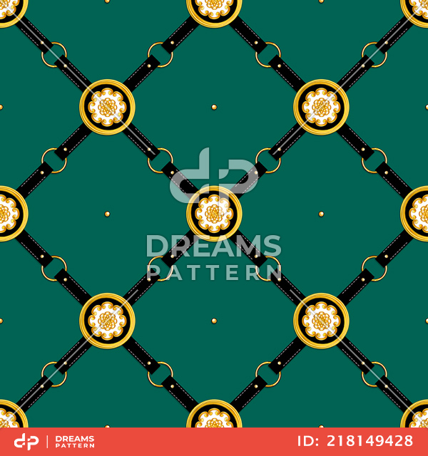 Seamless Pattern of Golden Antique Motif with Black Belts on Green Background.