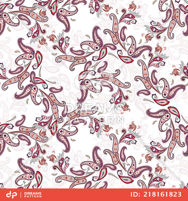 Seamless Colorful Paisley Pattern on White Background, Ready for Textile Prints.