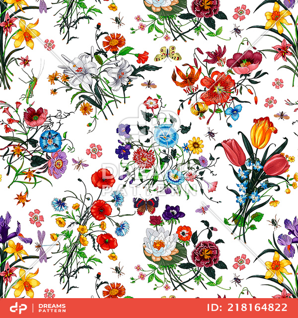 Seamless Colorful Flowers with Leaves, Spring Pattern on White Background.