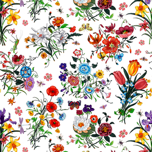 Seamless Colorful Flowers with Leaves, Spring Pattern on White Background.