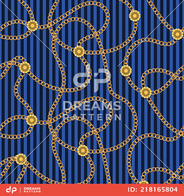 Seamless Pattern with Golden Chains on Lined Blue and Darkblue Background.