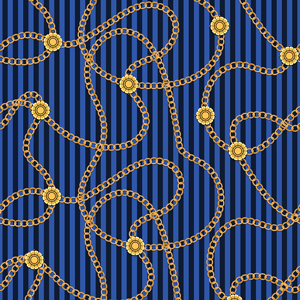 Seamless Pattern with Golden Chains on Lined Blue and Darkblue Background.