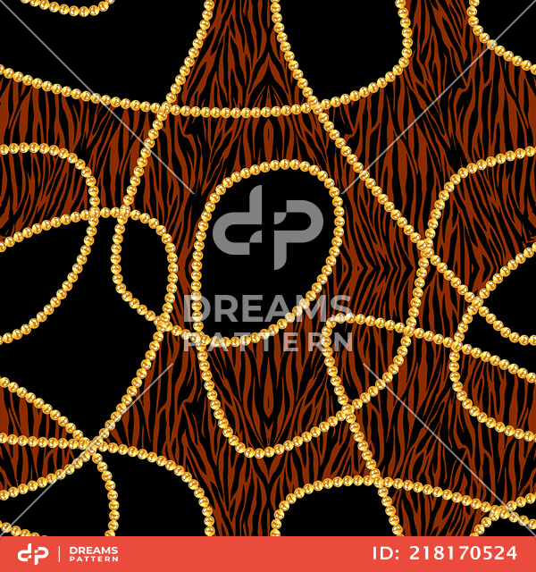 Seamless Pattern of Golden Chains and Zebra Skin on Dark Brown Background.