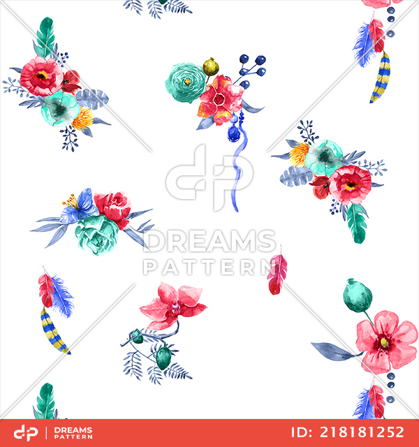 Seamless Flowers Design with Feathers on White Background for Textile Prints.