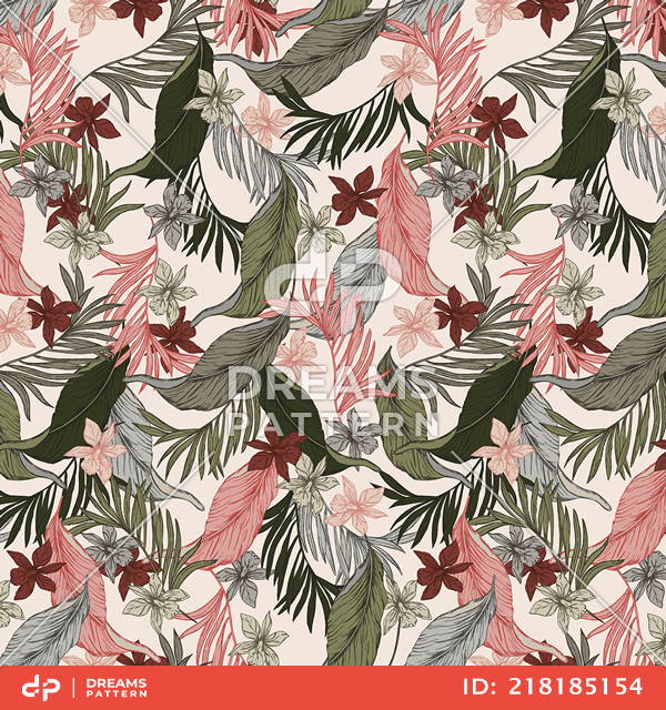 Seamless Vintage Floral Pattern with Leaves, Colorful Hand Drawn Tropical Leaves.