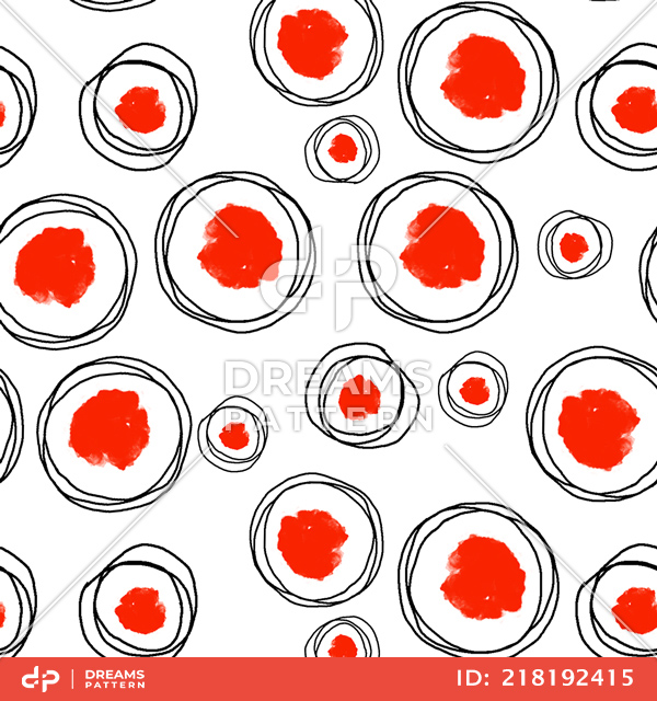 Seamless Pattern of Hand Drawn Circles with Paint Spots on White Background.