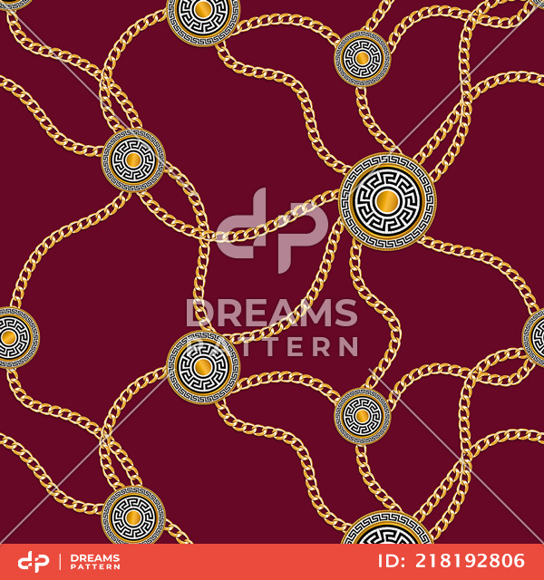 Seamless Pattern of Golden Chains and Motifs on Dark Red Background.