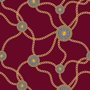 Seamless Pattern of Golden Chains and Motifs on Dark Red Background.