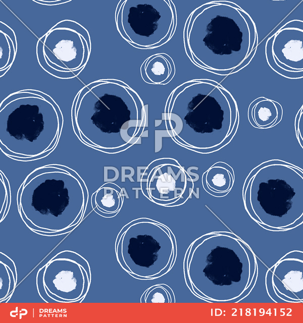 Seamless Pattern of Hand Drawn Circles with Paint Spots on Blue Background.